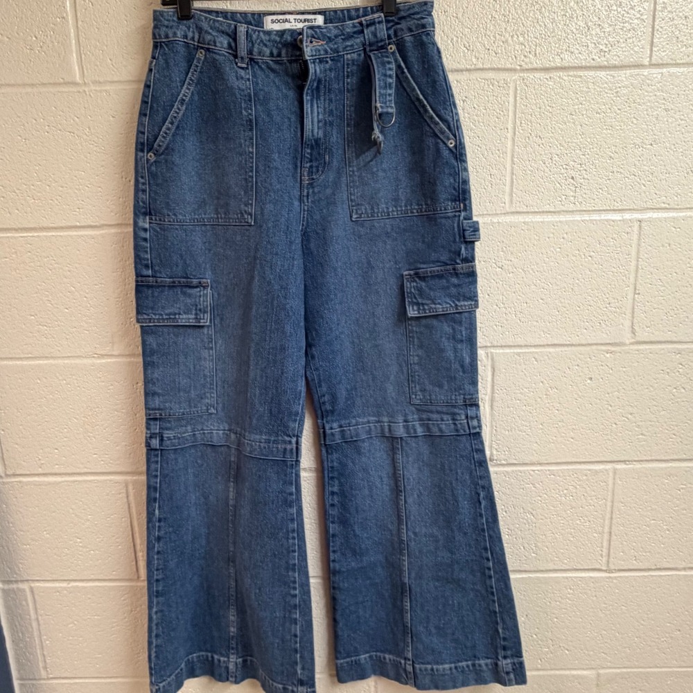 Social Tourist Womens Carpenter Cargo Jeans 29 Wide Leg Blue Utility High Rise
